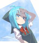  1girl blue_eyes blue_hair blue_shirt cirno collared_shirt fairy_wings hair_ribbon hand_on_forehead highres kae_karee ribbon shirt short_hair short_sleeves sky sweat touhou wings 