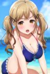  1girl absurdres arm_support bang_dream! beach bikini blonde_hair blurry blurry_background blush breasts brown_eyes cleavage collarbone facing_viewer frilled_bikini frills hair_ornament hairclip highres ichigaya_arisa medium_breasts midriff noshimurin ocean open_mouth outdoors solo swimsuit twintails 