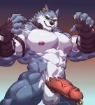 absurd_res anthro big_pecs canid canine canis claws clothing collar dislyte ear_piercing ear_ring eyewear fingerless_gloves freddy_(dislyte) genital_piercing genitals gloves handwear hi_res istani male mammal pecs penis penis_piercing piercing ring_piercing solo sunglasses wolf 
