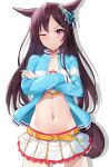  1girl absurdres alternate_costume animal_ears belt black_hair blush breasts cheerleader cleavage commentary_request cosplay crossed_arms frown highres horse_ears horse_girl long_hair looking_at_viewer mejiro_dober_(umamusume) miyama_mizuki_(hoshihoshi1220) navel nice_nature_(run&amp;win)_(umamusume) solo umamusume white_background 