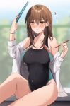  1girl black_swimsuit blurry blurry_background book breasts brown_eyes brown_hair commentary_request competition_swimsuit covered_navel cowboy_shot highres kinona labcoat large_breasts long_hair multicolored_clothes multicolored_swimsuit one-piece_swimsuit original pencil sitting solo swimsuit 
