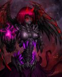  1girl black_sclera black_skin colored_sclera colored_skin cyborg demon_girl demon_horns demon_wings english_commentary glowing glowing_eyes grin hand_on_own_chest highres horns kookrite looking_at_viewer original red_eyes red_hair science_fiction short_hair signature smile solo wings 