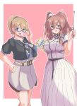  2girls 702_(naotsu) anchor bespectacled black_shirt blue-framed_eyewear blue_eyes book breast_pocket breasts brown_hair dress glasses grey_neckerchief hair_between_eyes hair_ornament highres holding holding_book holding_pointer intrepid_(kancolle) kantai_collection large_breasts multicolored_neckerchief multiple_girls neckerchief pocket pointer ponytail red-framed_eyewear saratoga_(kancolle) semi-rimless_eyewear shirt short_hair short_ponytail side_ponytail sidelocks skirt smokestack_hair_ornament under-rim_eyewear white_dress white_neckerchief white_shirt white_skirt 