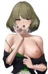  1girl aqua_eyes bangs bare_shoulders breasts cleavage cum cum_in_mouth half-closed_eyes highres idolmaster idolmaster_cinderella_girls medium_hair mole mole_under_eye nipples off_shoulder open_mouth senju_(snz0) simple_background solo stray_pubic_hair takagaki_kaede teeth tongue tongue_out white_background 