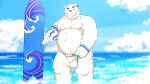  2022 absurd_res anthro balls belly big_belly blush cloud detailed_background erection genitals hi_res humanoid_genitalia humanoid_hands humanoid_penis kemono male mammal moobs morino8484 nipples outside overweight overweight_male penis polar_bear solo surfboard ursid ursine water white_body 