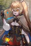  1girl absurdres ahoge arm_up bangs belt blurry blurry_background brown_capelet brown_cloak brown_corset brown_hair cape capelet cloak corset dagger feather_hair_ornament feathers forest friend_(nanashi_mumei) gloves hair_ornament hairclip hieroglyphics highres hololive hololive_english knife lantern long_hair multicolored_hair nanashi_mumei nature one_eye_closed partially_fingerless_gloves pleated_skirt ponytail pouch pure_(berrypure) red_skirt ribbon shirt skirt streaked_hair very_long_hair virtual_youtuber weapon white_shirt yellow_eyes 