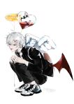  1boy ahoge ambiguous_red_liquid balloon bat_(animal) black_jacket bright_pupils ear_piercing earrings fake_halo fake_wings fangs fingernails grey_background grey_footwear grey_hair hair_between_eyes hair_ornament hairclip hands_on_own_knees heart_balloon jacket jewelry kuzuha_(nijisanji) long_fingernails looking_at_viewer low_wings male_focus mini_wings mole mole_under_eye nijisanji open_clothes open_jacket open_mouth piercing pointy_ears red_eyes shoes simple_background smile sneakers solo spleen211 squatting teeth tongue vampire virtual_youtuber white_pupils wings x_hair_ornament 