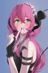  1girl absurdres arm_strap bangs daimi_94 demon_tail fingerless_gloves gloves green_eyes hair_between_eyes hand_up highres horns index_finger_raised indie_virtual_youtuber mole mole_under_eye pink_hair pointy_ears solo tail upper_body violet_(vtuber) virtual_youtuber 