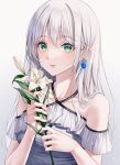  1girl absurdres bangs bare_shoulders earrings flower green_eyes grey_background highres holding holding_flower jewelry long_hair looking_at_viewer nri original parted_lips solo symbol-only_commentary white_flower white_hair 
