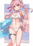  1girl alternate_costume beret bikini blue_hair breasts cowboy_shot flower gradient_hair hair_flower hair_ornament harusame_(kancolle) hat highres houndstooth innertube kantai_collection medium_breasts multicolored_hair parted_lips pink_hair red_eyes ribbon side_ponytail smile solo sugue_tettou swimsuit white_bikini white_headwear 