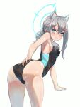  1girl animal_ear_fluff animal_ears ass bangs black_swimsuit blue_archive blue_eyes breasts competition_swimsuit covered_navel cross_hair_ornament extra_ears from_behind grey_hair hair_ornament halo ilyowal leaning_forward looking_at_viewer looking_back low_ponytail medium_breasts medium_hair mismatched_pupils multicolored_clothes multicolored_swimsuit one-piece_swimsuit shiroko_(blue_archive) shiroko_(swimsuit)_(blue_archive) simple_background solo swimsuit white_background 