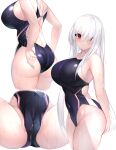  1girl absurdres adjusting_clothes adjusting_swimsuit ass azur_lane bangs bare_arms bare_shoulders blush breasts cameltoe closed_mouth collarbone colorado_(azur_lane) g3_(g310b3) hair_over_one_eye highleg highleg_swimsuit highres large_breasts long_hair looking_at_viewer one-piece_swimsuit red_eyes shiny shiny_clothes shiny_skin simple_background solo swimsuit symbol-only_commentary thighs water wet wet_clothes white_hair 