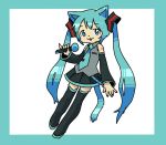  1girl animal_ears aqua_hair blue_eyes bozo_(nok-peg) cat_ears detached_sleeves hatsune_miku long_hair microphone necktie simple_background solo tail thighhighs twintails very_long_hair vocaloid 