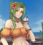  1girl artist_name bikini blue_sky blurry blurry_background braid breasts brown_eyes cleavage cm_lynarc collarbone commission elincia_ridell_crimea fire_emblem fire_emblem:_radiant_dawn fire_emblem_heroes flower food green_hair hair_flower hair_ornament hibiscus highres ice_cream ice_cream_cone long_hair looking_at_viewer medium_breasts navel official_alternate_costume orange_bikini orange_swimsuit signature sky smile solo swimsuit upper_body waffle_cone 