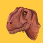  absurd_res ambiguous_gender colored_line_art dinosaur feral headshot_portrait hi_res kutv looking_at_viewer metriacanthosaurid portrait red_body red_skin reptile scalie simple_background small_eyes solo tagme theropod yangchuanosaurus yellow_background yellow_eyes 