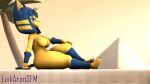  3d_(artwork) absurd_res animal_crossing ankha_(animal_crossing) anthro bed big_breasts blue_eyes blue_hair breasts butt butt_tattoo clothed clothing digital_media_(artwork) domestic_cat egyptian felid feline felis female female_focus fur furniture hair hi_res linkaransfm looking_at_viewer mammal mostly_nude nintendo nipples nude palm_tree partially_clothed plant pyramid side_boob side_view solo solo_focus source_filmmaker tattoo tree video_games wide_hips yellow_body 