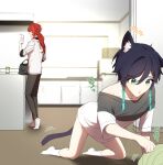  2boys absurdres animal_ears aqua_eyes aqua_hair bag braid brown_pants cat_boy cat_ears cat_tail clothes diluc_(genshin_impact) genshin_impact highres kitchen kkopoli korean_text legs long_hair long_sleeves male_focus multiple_boys no_pants otoko_no_ko pants paper ponytail red_eyes red_hair shirt short_sleeves socks t-shirt tail translation_request venti_(genshin_impact) white_shirt 