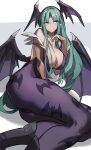  1girl ass boots breasts closed_eyes collarbone elbow_gloves gloves green_eyes green_hair highres huanxiang_huifeng large_breasts long_hair morrigan_aensland pantyhose solo vampire_(game) very_long_hair wings 
