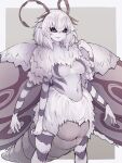  1girl antennae arthropod_girl black_sclera body_fur border breasts colored_sclera colored_skin extra_arms highres insect_wings looking_at_viewer mon-musu_quest! monster_girl moth_girl navel purple_eyes satania_(mon-musu_quest!) smile solo standing white_border white_hair white_skin wings yonaga_san 