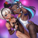  2girls :d armpits ass bangs bea_(pokemon) black_hair black_hairband blue_eyes blue_eyeshadow blue_hair blush bow bow_hairband bowtie breasts commentary_request dark_skin detached_collar earrings eyelashes eyeshadow hair_between_eyes hairband hand_on_another&#039;s_hip highleg highleg_leotard highres jewelry leotard looking_at_viewer makeup multicolored_hair multiple_girls nail_polish necktie nessa_(pokemon) open_mouth orange_bow orange_bowtie orange_nails orange_necktie playboy_bunny pokemon pokemon_(game) pokemon_swsh purple_background short_hair short_necktie smile sweatdrop teeth toin_(koto54576897) tongue two-tone_hair v white_leotard 