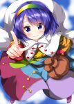  1girl blue_eyes blue_hair cape closed_mouth cloud hand_gesture hand_on_hip headband highres one-hour_drawing_challenge rainbow_gradient ruu_(tksymkw) short_hair sky smile tenkyuu_chimata touhou white_cape 