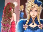  1boy 1girl absurdres aerith_gainsborough aqua_eyes back_bow backless_dress backless_outfit bare_arms blue_dress bow braid brown_hair cloud_strife crossdressing dress final_fantasy final_fantasy_vii final_fantasy_vii_remake flower hair_bow hair_flower hair_ornament hair_ribbon highres igusaharu long_hair long_sleeves looking_at_another official_alternate_costume pink_bow red_dress red_flower red_ribbon ribbon ringlets sidelocks spiked_hair twin_braids upper_body wide_ponytail 