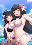  2girls armpits bare_arms bare_shoulders bikini black_bikini black_hair blue_flower blue_sky breasts brown_eyes cleavage cloud collarbone commentary crab day ear_piercing earrings flower groin hair_flower hair_ornament highres hinoa jewelry large_breasts long_hair minoto monster_hunter_(series) monster_hunter_rise multiple_girls navel outdoors piercing pointy_ears reaching_out red_flower red_rose rose selfie siblings sisters sky swimsuit symbol-only_commentary twins uneg very_long_hair water white_bikini 