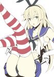  1girl artist_name ass black_panties blonde_hair blue_skirt chestnut_mouth dated elbow_gloves gloves grey_eyes highres kantai_collection legs_up long_hair looking_at_viewer one-hour_drawing_challenge panties panty_pull shimakaze_(kancolle) skirt solo striped striped_legwear taira_yuuki thighhighs thong underwear 