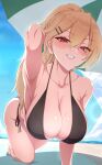  1girl adjusting_hair armpits bangs bikini black_bikini blonde_hair breasts hair_between_eyes hair_ornament hairpin highres large_breasts looking_at_viewer mole mole_on_collarbone mole_under_eye original parasol ponytail red_eyes solo swimsuit umbrella utsumi_karmin 