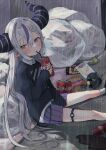  1girl absurdres bird blush can chips crow_(la+_darknesss) drinking food grey_hair highres hololive horns la+_darknesss long_hair mutsumi326 pleated_skirt pointy_ears potato_chips purple_hair rain sitting skirt socks solo thigh_strap trash very_long_hair virtual_youtuber white_socks yellow_eyes 