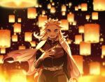  1boy arm_at_side belt black_pants blonde_hair blurry cape colored_tips cowboy_shot demon_slayer_uniform depth_of_field dissolving fire flame_print floating_cape floating_clothes floating_hair forked_eyebrows hand_on_own_chest hand_up kimetsu_no_yaiba lantern long_hair long_sleeves looking_at_viewer male_focus multicolored_hair night orb pants paper_lantern po_(poppa-pict) print_cape red_hair rengoku_kyoujurou sky_lantern solo straight-on streaked_hair white_cape 