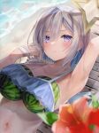  1girl absurdres amane_kanata arm_up armpits bangs beach bikini blue_bikini blue_hair blush breast_padding closed_mouth colored_inner_hair food fruit fuyoyo grey_hair hair_between_eyes highres hololive looking_at_viewer multicolored_hair navel purple_eyes short_hair smile solo swimsuit upper_body virtual_youtuber watermelon wet 