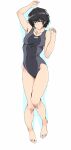  1girl absurdres amagami black_eyes black_hair blush competition_swimsuit highres kimuwaipu lying nanasaki_ai on_back one-piece_swimsuit short_hair solo swimsuit thighs white_background 