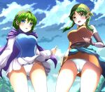  2girls ass_visible_through_thighs bandana blue_eyes braid breasts cameltoe cape dress fire_emblem fire_emblem:_the_blazing_blade from_below green_eyes green_hair hairband highres long_sleeves looking_at_viewer looking_down medium_breasts medium_hair multiple_girls nino_(fire_emblem) panties pantyshot purple_hairband rebecca_(fire_emblem) short_hair skirt twin_braids underwear upskirt white_panties white_skirt yozu_(yozu0420) 