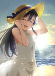  1girl absurdres amamiya_(re-amamiya) amamiya_draw arms_up bangs beach blue_hair blush commentary_request day dress hands_on_headwear hat highres long_hair looking_at_viewer love_live! love_live!_school_idol_project open_mouth sleeveless sleeveless_dress smile solo sonoda_umi straw_hat sun_hat sundress swept_bangs white_dress 