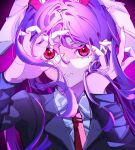  1girl absurdres animal_ears blazer collared_shirt commentary floppy_ears hands_up highres holding holding_hair jacket long_hair long_sleeves looking_at_viewer mizoreshi nail_polish necktie parted_lips pink_nails purple_hair rabbit_ears rabbit_girl red_eyes red_necktie reisen_udongein_inaba shirt solo touhou upper_body white_shirt 