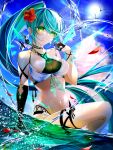  1girl absurdres alternate_costume bangs breasts chest_jewel green_eyes green_hair highres hyouri00 large_breasts long_hair navel pneuma_(xenoblade) ponytail solo swept_bangs very_long_hair water xenoblade_chronicles_(series) xenoblade_chronicles_2 