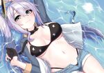  ahoge arm_up azur_lane bikini black_bikini blue_eyes breasts fingerless_gloves gloves hair_between_eyes half_gloves heart heart-shaped_pupils heart_ahoge highleg highleg_panties highres jacket koufuku_no_yorozuya large_breasts open_clothes open_fly open_jacket panties partially_submerged portland_(azur_lane) purple_hair retrofit_(azur_lane) short_shorts shorts side_ponytail star_(symbol) star_print swimsuit symbol-shaped_pupils underwear 