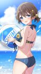  1girl ball beachball bikini blue_bikini blue_eyes blue_sky brown_hair cloud commentary_request cowboy_shot day floral_print flower hair_ornament hairclip highres horizon low_ponytail mochigome_(ununquadium) ocean original outdoors short_hair sky solo sunflower swimsuit 