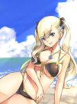  beach bikini blonde_hair blue_eyes breasts earrings eden&#039;s_zero highres jewelry large_breasts mashima_hiro necklace rebecca_bluegarden ribbon sky swimsuit twintails wide_hips 