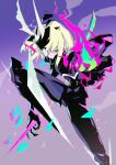  1boy armor black_armor blonde_hair broken broken_armor claws eyes_visible_through_hair fire flame gradient green_fire holding holding_sword holding_weapon horns lio_fotia looking_at_viewer male_focus open_mouth promare purple_fire red_eyes reverse_grip solo spleen211 sword weapon 