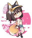  1girl :3 animal_ear_fluff animal_ears bangs bikini black_hair blue_archive blue_shorts breasts brown_eyes brown_flower brown_footwear brown_headwear chibi closed_mouth commentary_request flower fox_ears fox_girl fox_tail gun hair_between_eyes halo holding holding_gun holding_weapon izuna_(blue_archive) izuna_(swimsuit)_(blue_archive) looking_at_viewer looking_back medium_breasts nyaru_(nyaru_4126) one_side_up sandals shoe_soles short_shorts shorts solo standing standing_on_one_leg submachine_gun sunflower swimsuit tail type_100 visor_cap weapon 