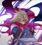  1boy bandages blonde_hair blue_eyes cape cloud_strife demon_wings final_fantasy final_fantasy_vii gloves holding holding_sword holding_weapon huge_weapon kingdom_hearts kudou_asami outstretched_arms red_cape single_wing solo spiked_hair sword upper_body weapon wings 