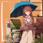  1girl absurdres bangs blush brown_cardigan brown_hair brown_skirt cardigan chair closed_mouth collared_shirt dress_shirt hair_between_eyes highres holding holding_umbrella idolmaster idolmaster_shiny_colors long_hair long_sleeves looking_at_viewer odecono3 orange_background osaki_tenka plant shirt sitting skirt solo umbrella white_shirt yellow_eyes 