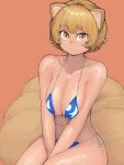  1girl absurdres animal_ears between_legs bikini blonde_hair breasts chanta_(ayatakaoisii) fox_ears fox_tail hand_between_legs highres navel short_hair side-tie_bikini simple_background sitting solo sweat swimsuit tail touhou yakumo_ran 