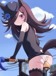  1girl animal_ears ass bicycle black_hair breasts commentary detached_sleeves english_commentary ground_vehicle hat highres horse_ears horse_tail looking_at_viewer panties purple_eyes rice_shower_(umamusume) sky small_breasts smile solo sseopik tail thighs umamusume underwear 