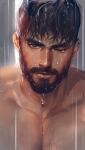  1boy absurdres black_eyes black_hair chest_hair close-up dopey_(dopq) facial_hair highres looking_at_viewer male_focus manly mature_male one_eye_closed original pectorals rain short_hair solo spiked_hair thick_eyebrows topless_male water water_drop wet wet_hair 