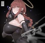  1girl :/ alternate_breast_size_(larger) azz0422 backless_outfit bare_back bare_shoulders black_background black_dress black_gloves blunt_bangs braid braided_ponytail breasts chainsaw_man commentary dress elbow_gloves evening_gown eyelashes gloves halo highres huge_breasts looking_at_viewer looking_down looking_to_the_side makima_(chainsaw_man) orange_eyes raised_eyebrows red_hair ringed_eyes sidelocks simple_background sleeveless sleeveless_dress solo 
