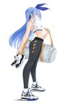  1girl bag bare_arms bare_shoulders black_pants blue_eyes blue_hair blue_ribbon breasts chaesu crop_top duffel_bag from_side full_body hair_ribbon highres holding holding_clothes holding_footwear leggings long_hair medium_breasts midriff minah_(chaesu) original pants profile ribbon shoes simple_background sneakers socks solo sports_bra standing stomach very_long_hair white_background white_footwear white_socks 