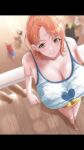  1girl 4boys blurry blurry_background blush breasts brown_eyes camisole cleavage collarbone dress highres large_breasts moriton multiple_boys nami_(one_piece) one_piece orange_hair perspective short_hair smile solo 